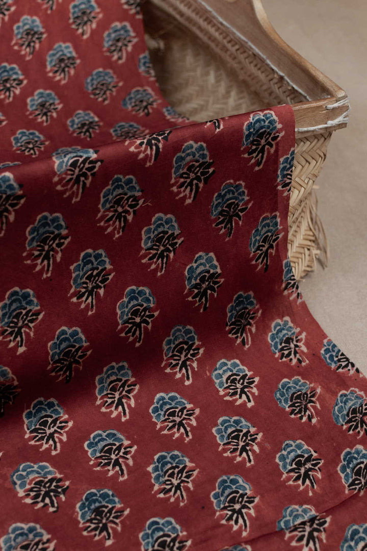 Maroon with Indigo Floral Ajrak Modal Silk Fabric