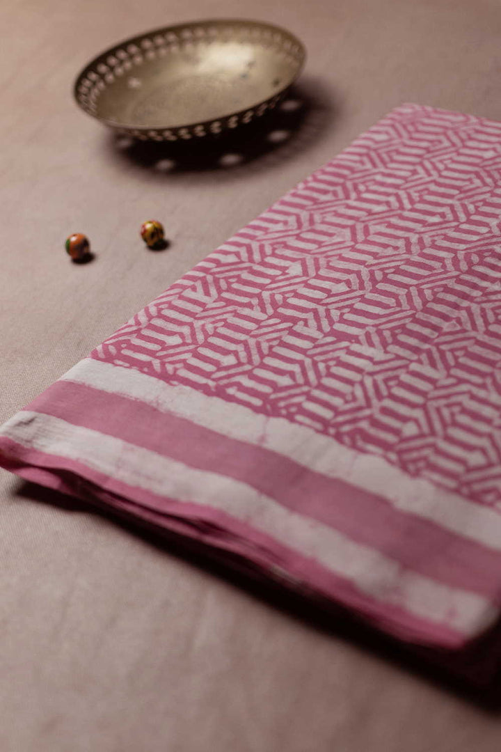 Lined Pink Block Printed Mul Cotton Saree