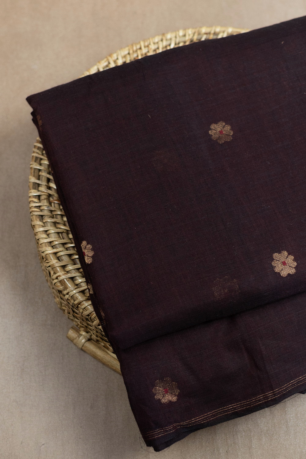 Zari Butta on Wine Maroon Jamdani Cotton Fabric