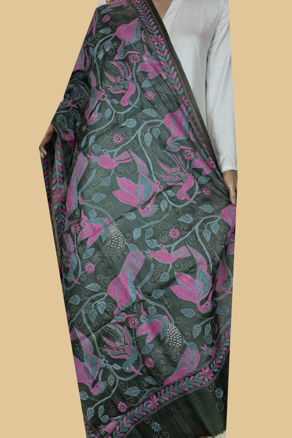 Pink Birds on Grey Kantha Tussar Dupatta