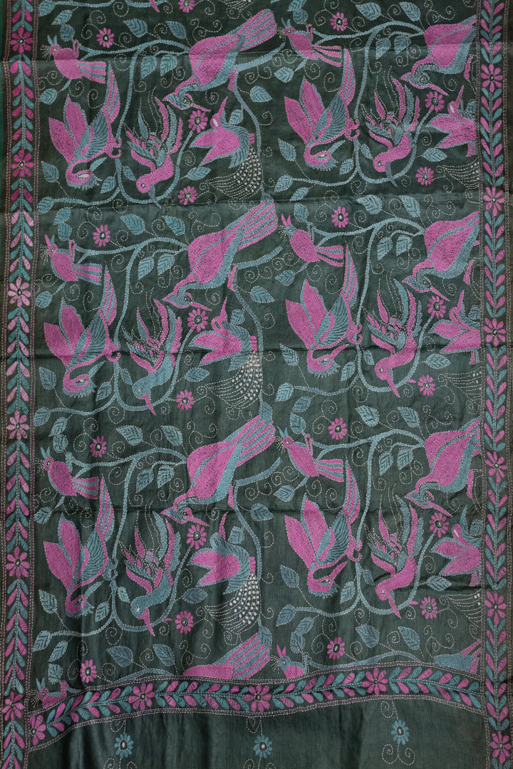 Pink Birds on Grey Kantha Tussar Dupatta