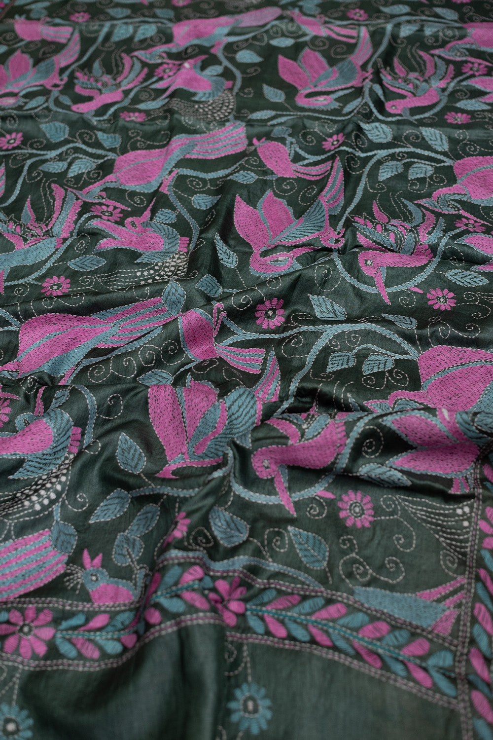 Pink Birds on Grey Kantha Tussar Dupatta