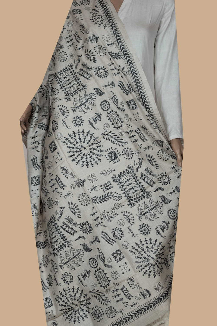 Cream Kantha Silk Dupatta