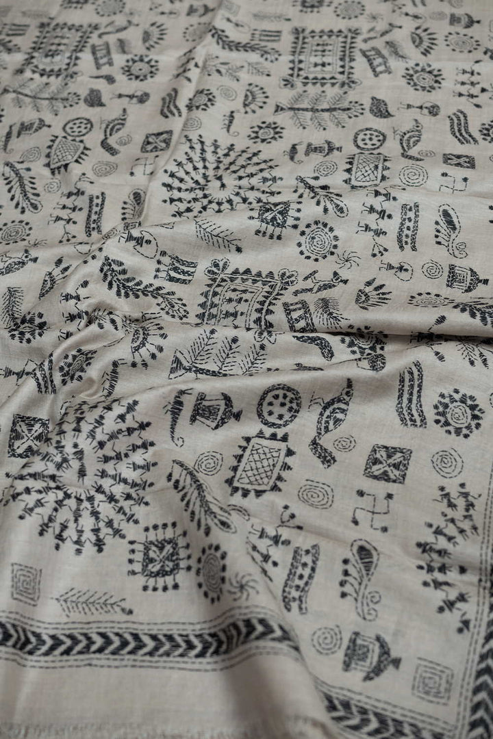 Cream Kantha Silk Dupatta