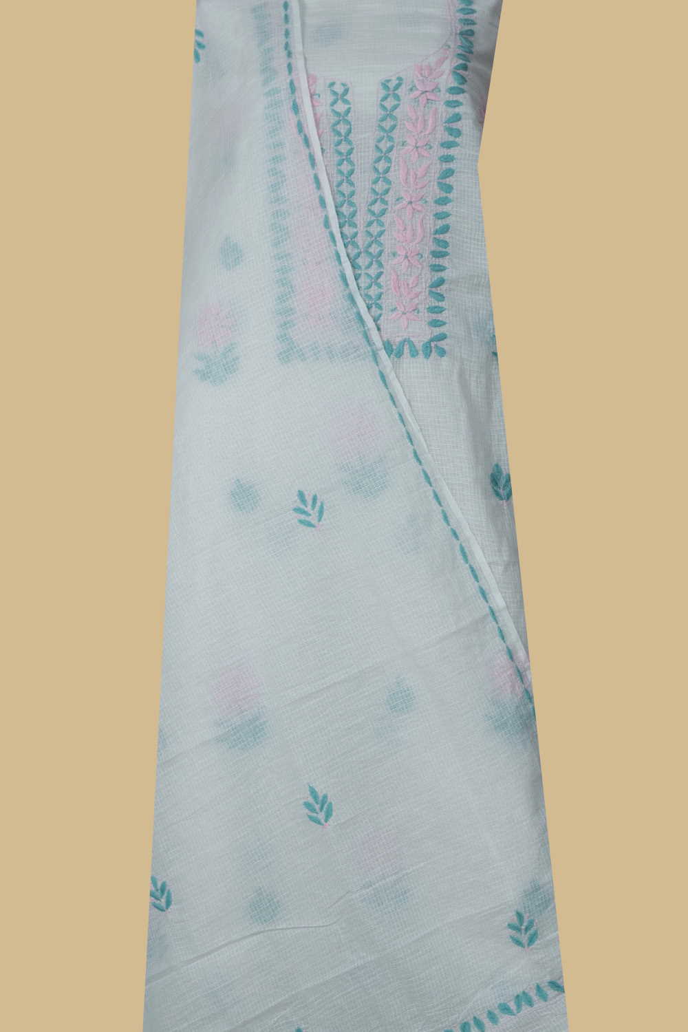 Green With Pink Embroidered Chikankari Top & Dupatta