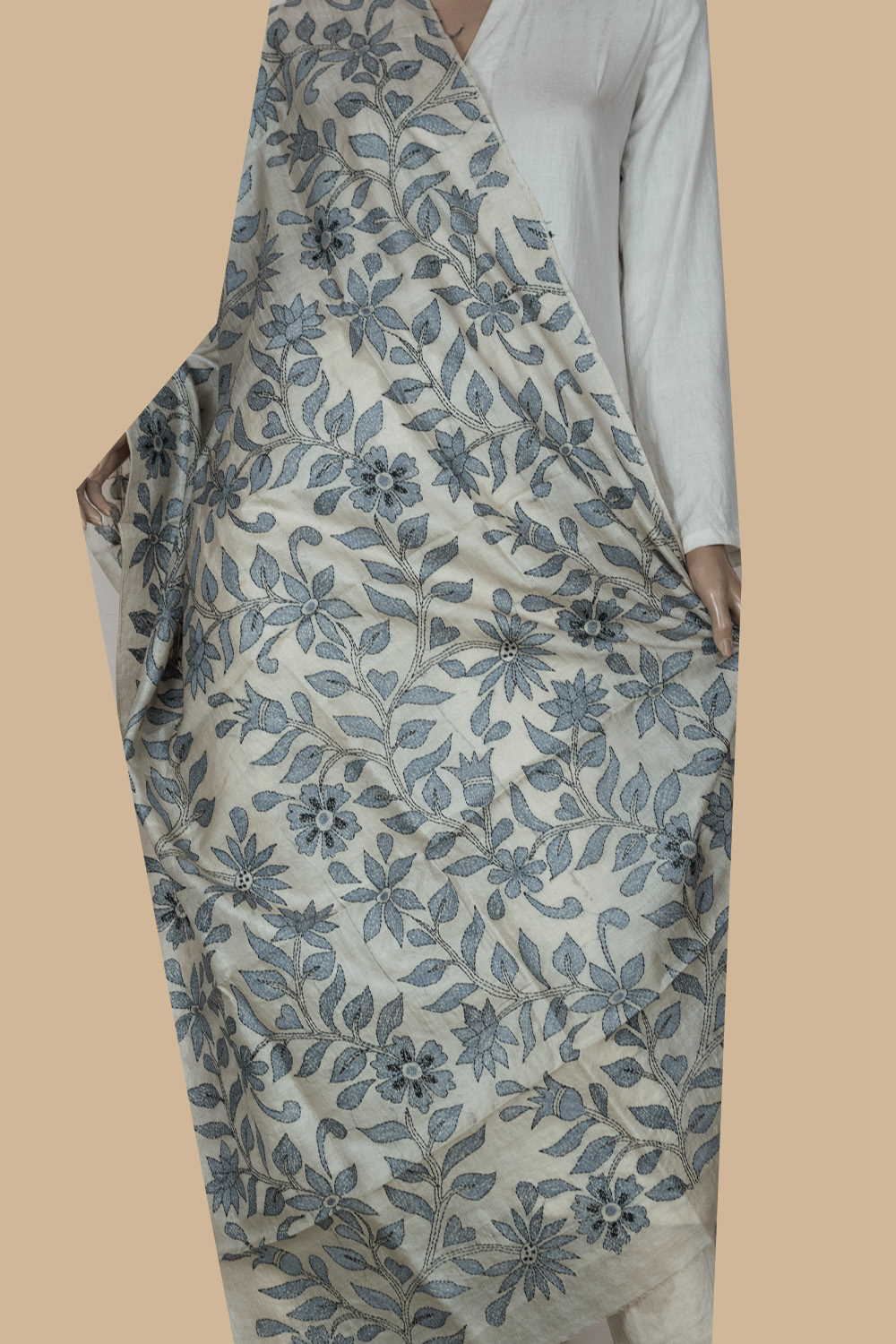 Grey Floral on Cream Kantha Silk Dupatta