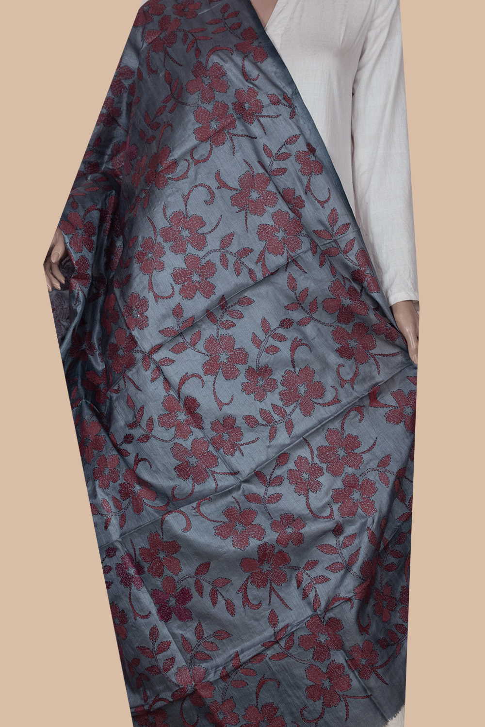 Maroon Garden on Grey Kantha Silk Dupatta