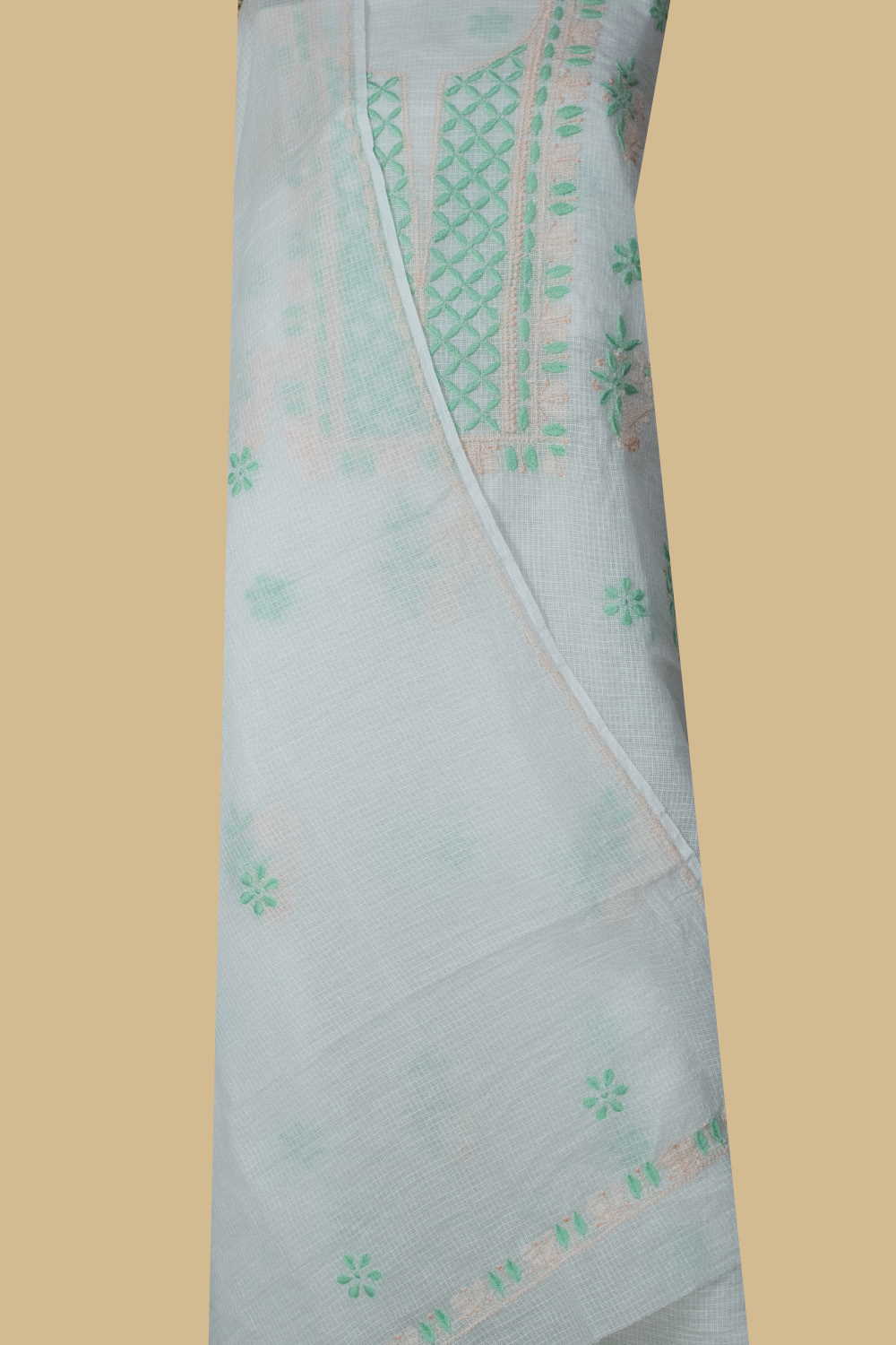 Green Embroidered Chikankari Kota Cotton Top & Dupatta