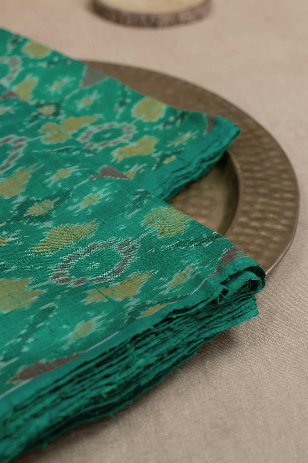 Shop for Patterned on Green Ikat Raw Silk Fabric Online at Matkatus