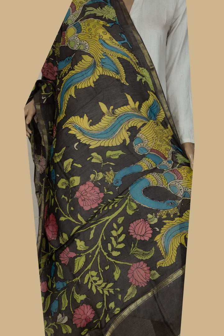 Twin Peacock on Grey Painted kalamkari Silk Cotton Dupatta