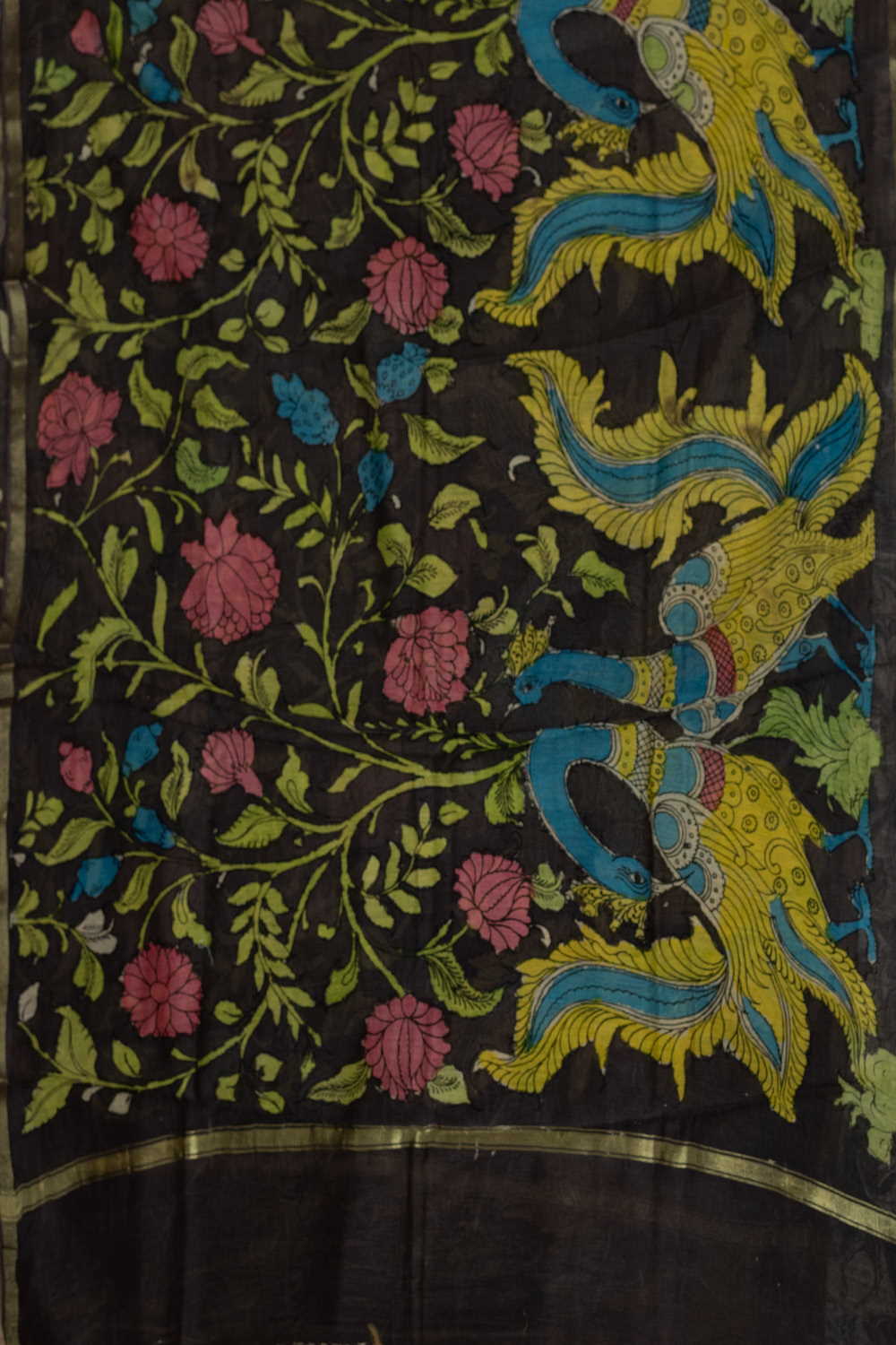 Twin Peacock on Grey Painted kalamkari Silk Cotton Dupatta