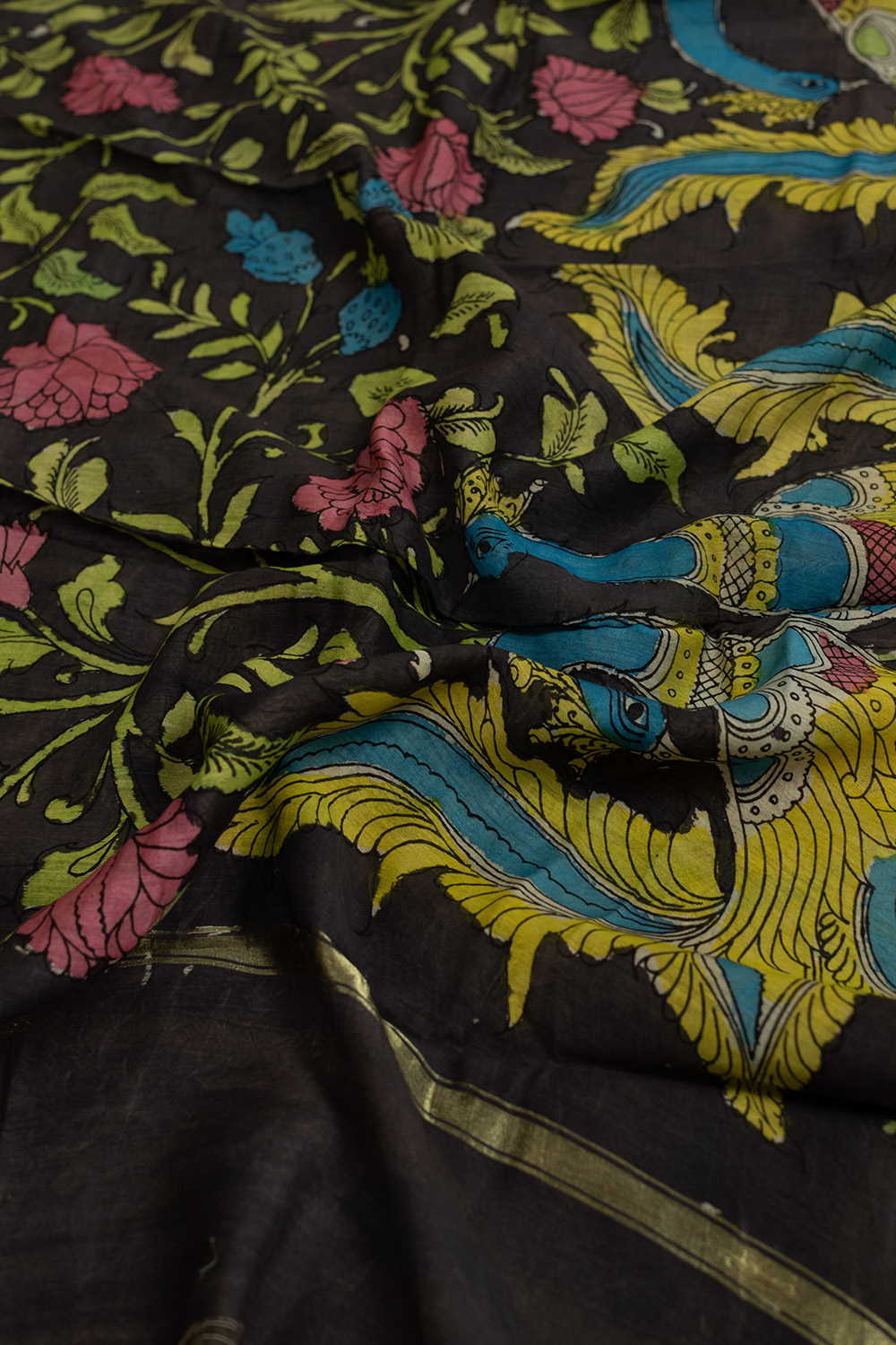 Twin Peacock on Grey Painted kalamkari Silk Cotton Dupatta