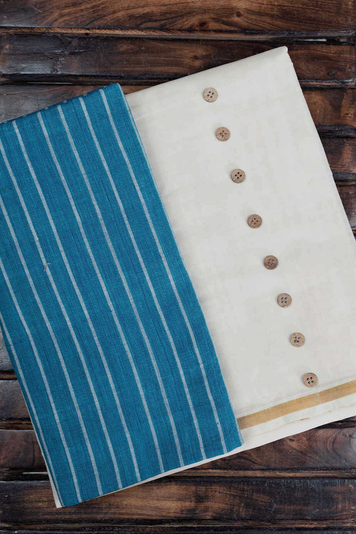 Cream Handwoven Cotton Dhoti with Blue Handwoven Shirt