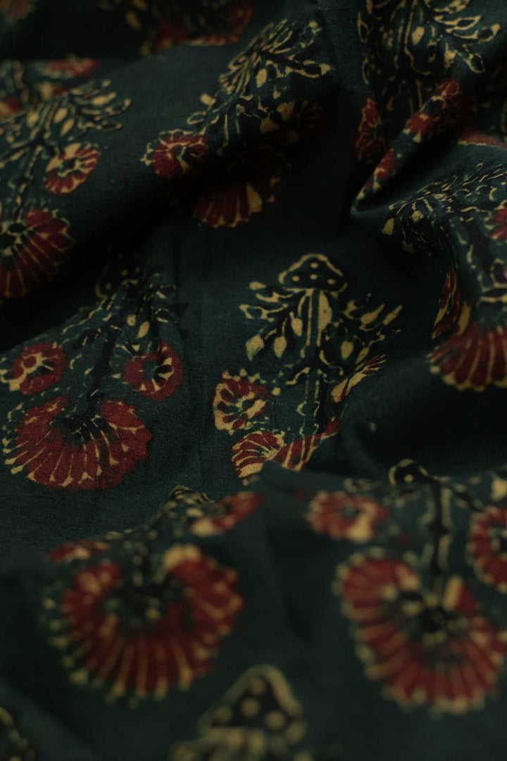 Tri Floral on Green Ajrak Cotton Fabric