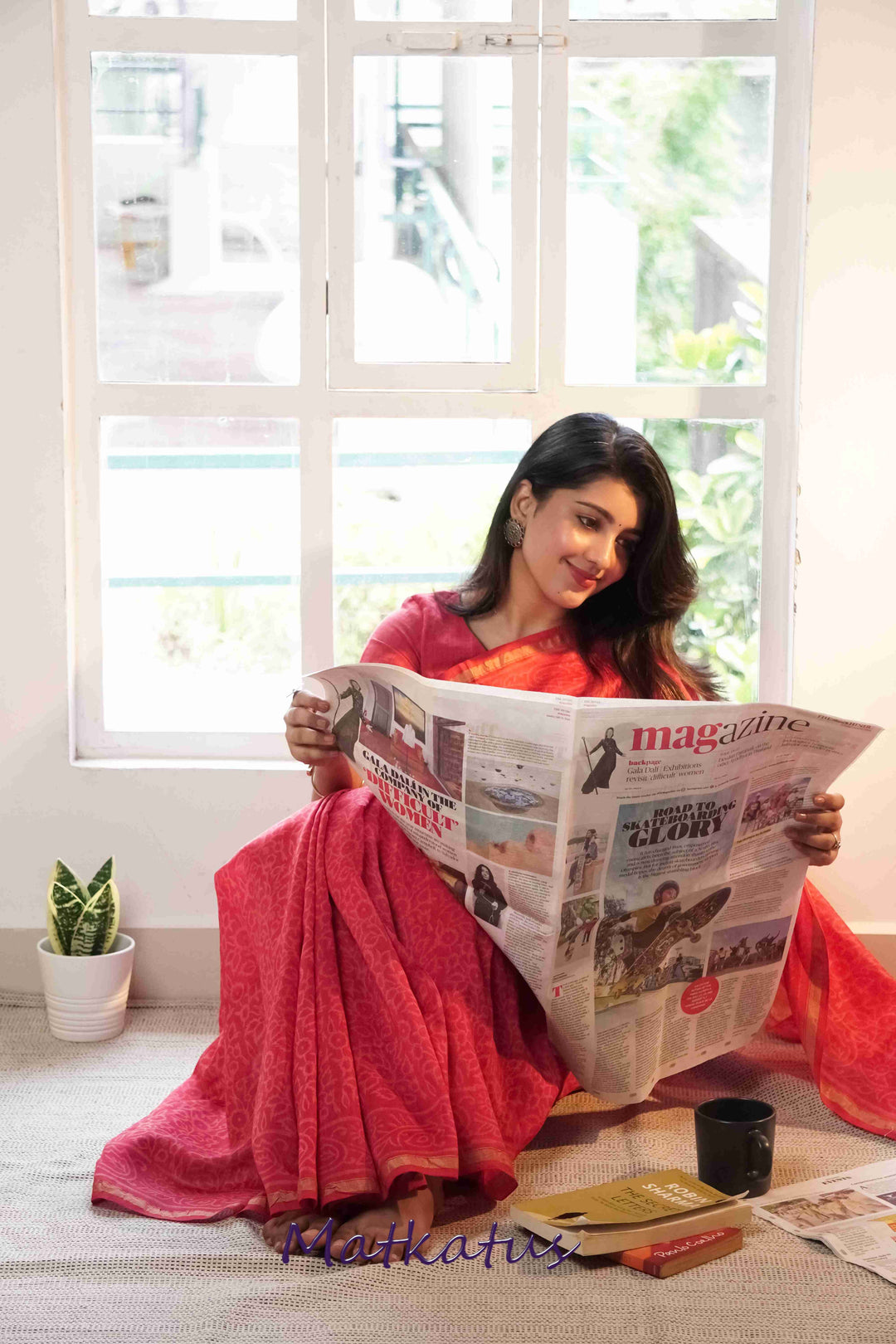 Light Red Block Printed Chanderi saree