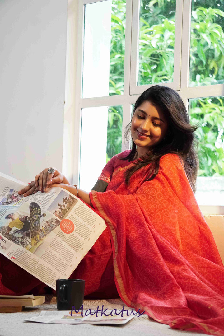 Light Red Block Printed Chanderi saree