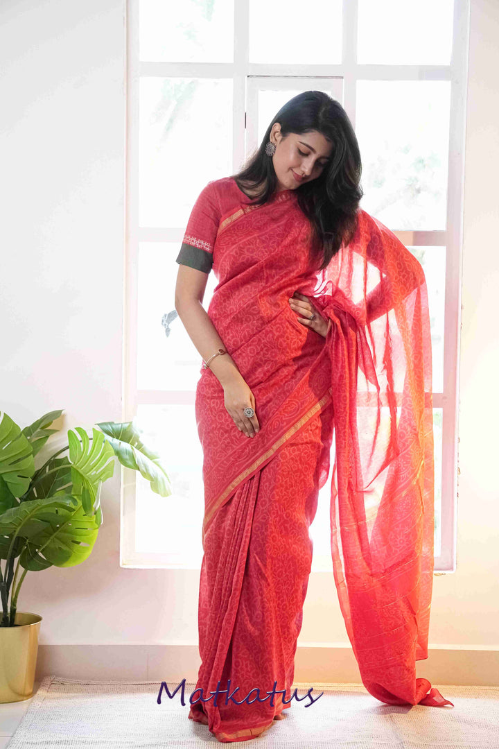 Light Red Block Printed Chanderi saree