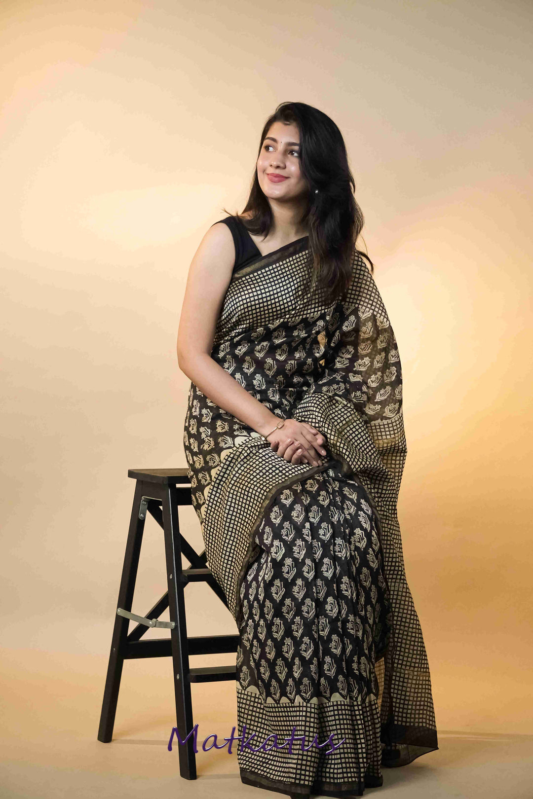 Florets on Black Block Printed Chanderi saree