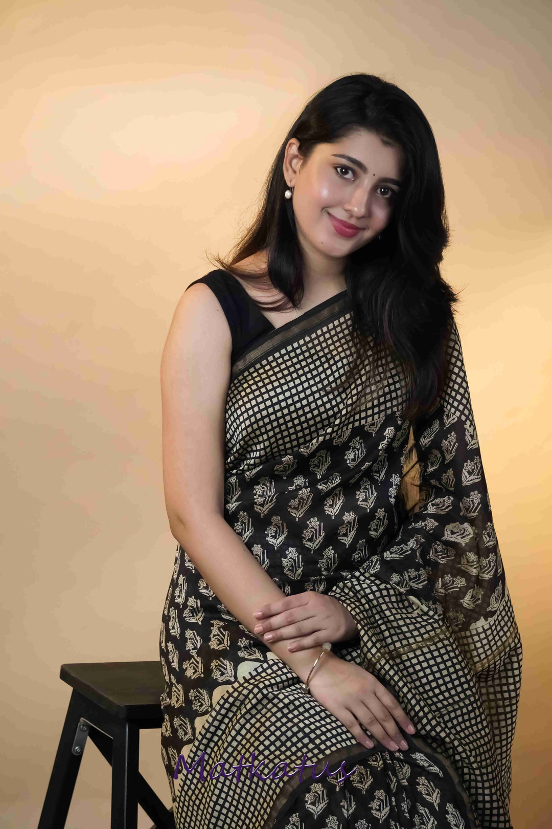 Florets on Black Block Printed Chanderi saree