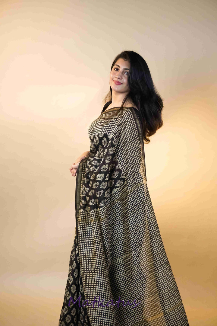 Florets on Black Block Printed Chanderi saree