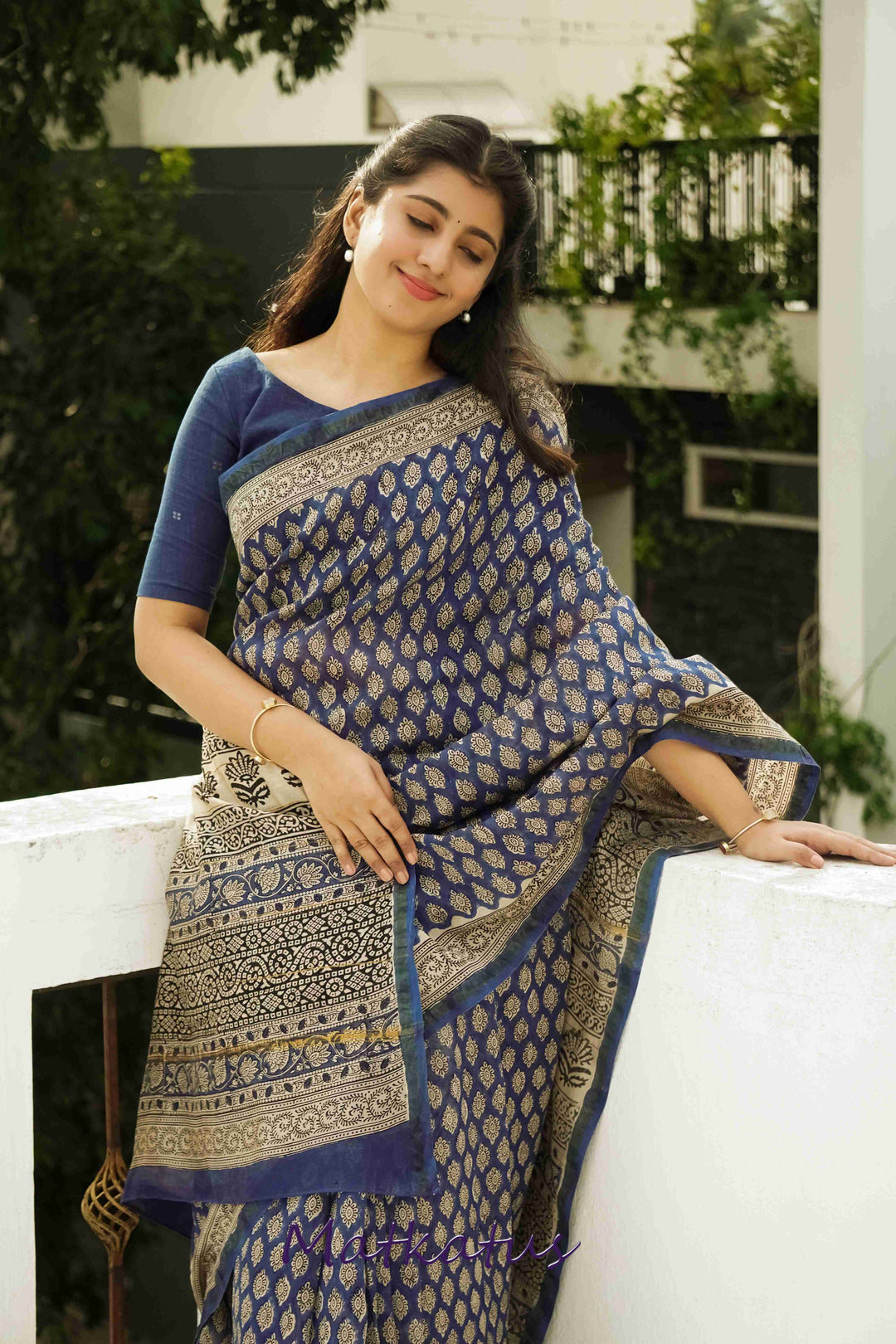 Butta on Blue Block Printed Chanderi saree