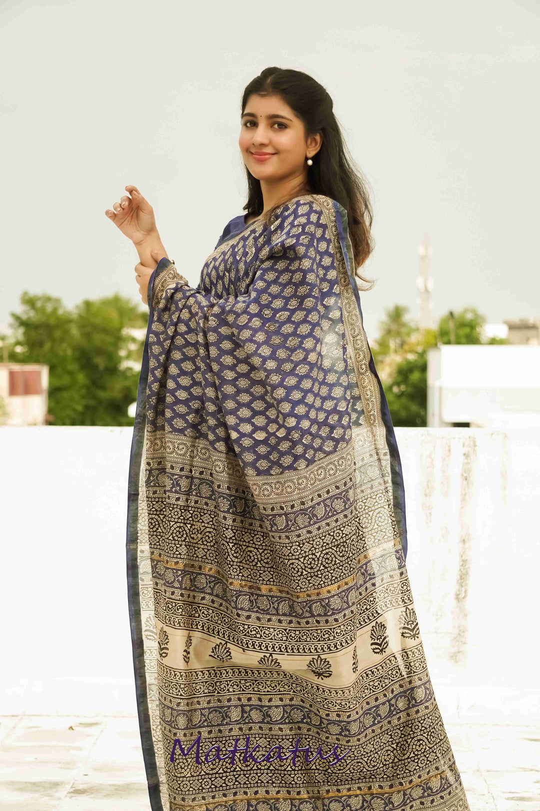 Butta on Blue Block Printed Chanderi saree