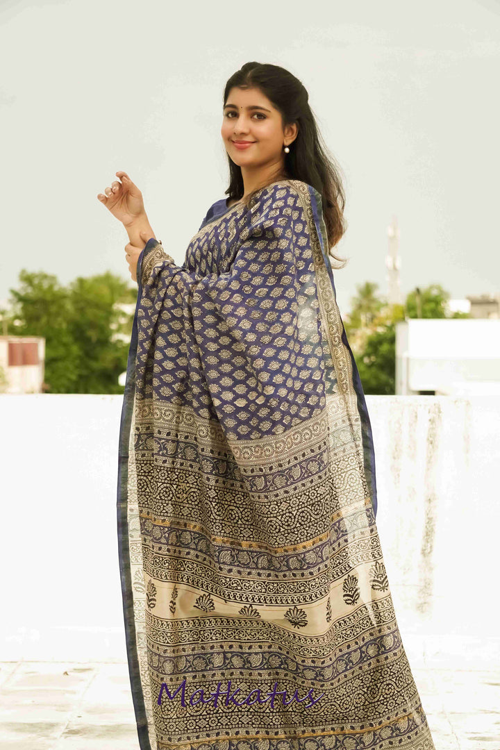 Butta on Blue Block Printed Chanderi saree