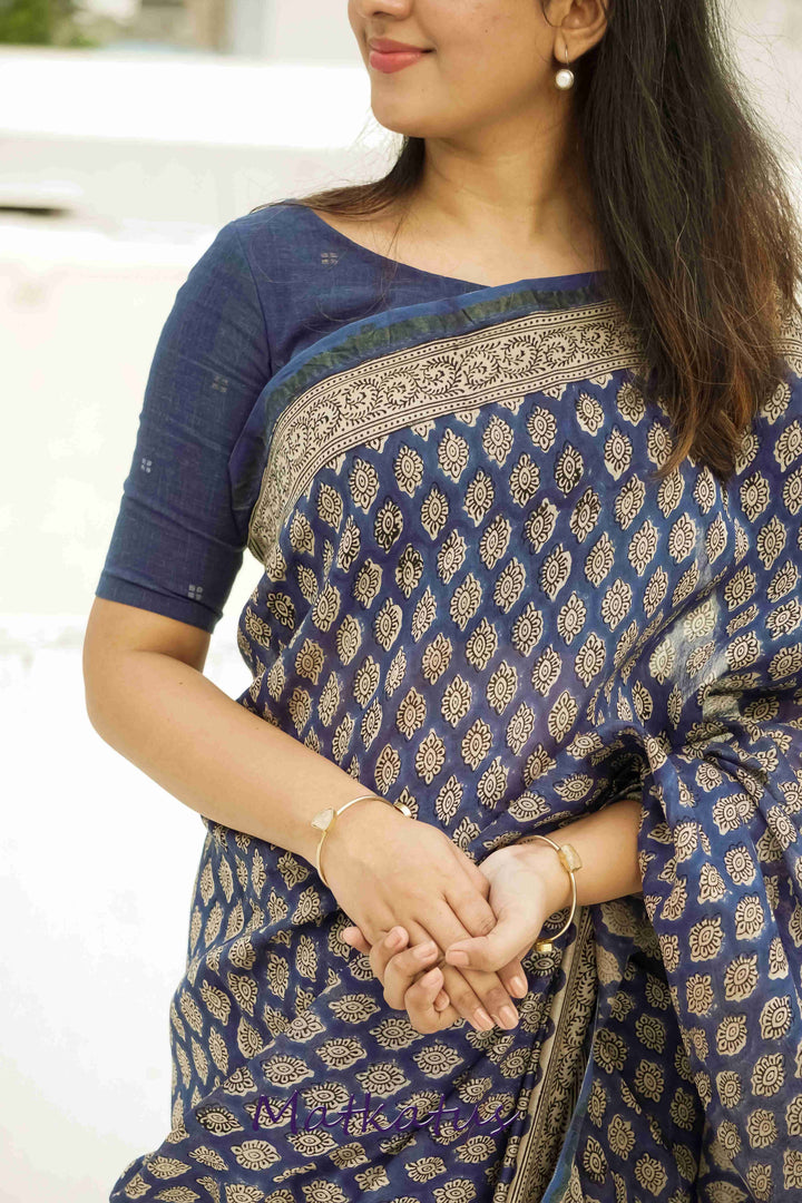 Butta on Blue Block Printed Chanderi saree