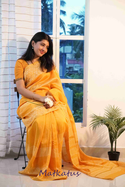 Yellowish Orange Block Printed Silk Cotton saree