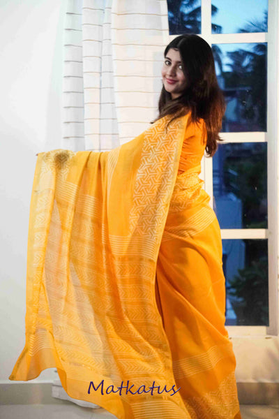 Yellowish Orange Block Printed Silk Cotton saree