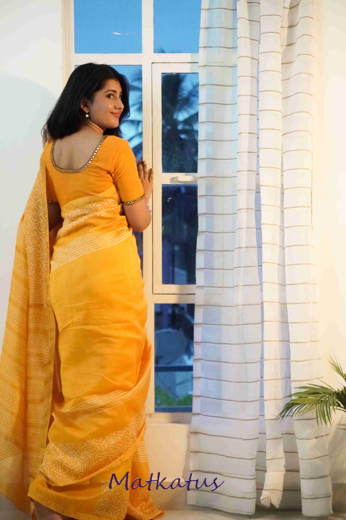 Yellowish Orange Block Printed Silk Cotton saree