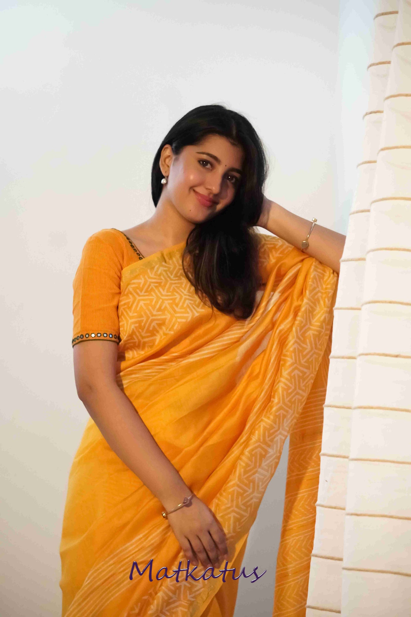 Yellowish Orange Block Printed Silk Cotton saree