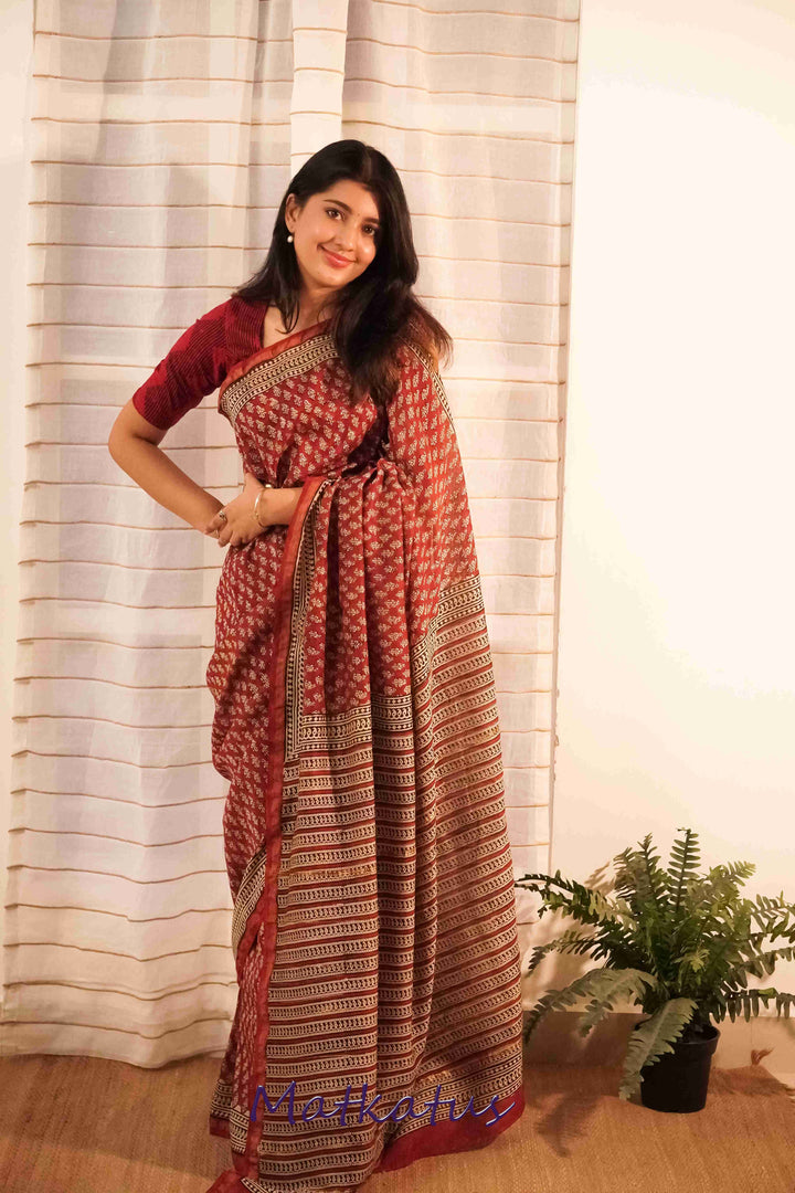 Maroon Block Printed Silk Cotton saree