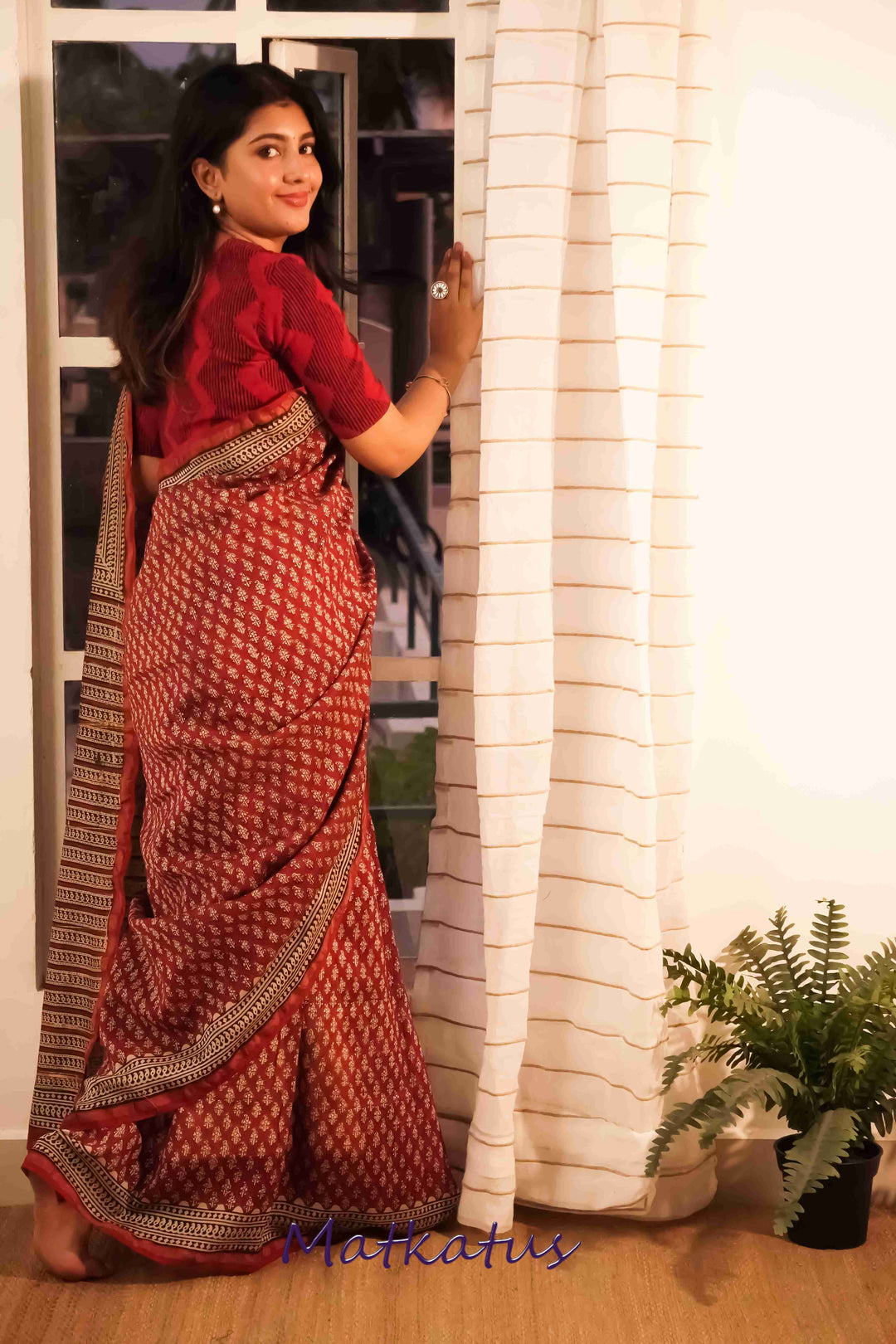 Maroon Block Printed Silk Cotton saree