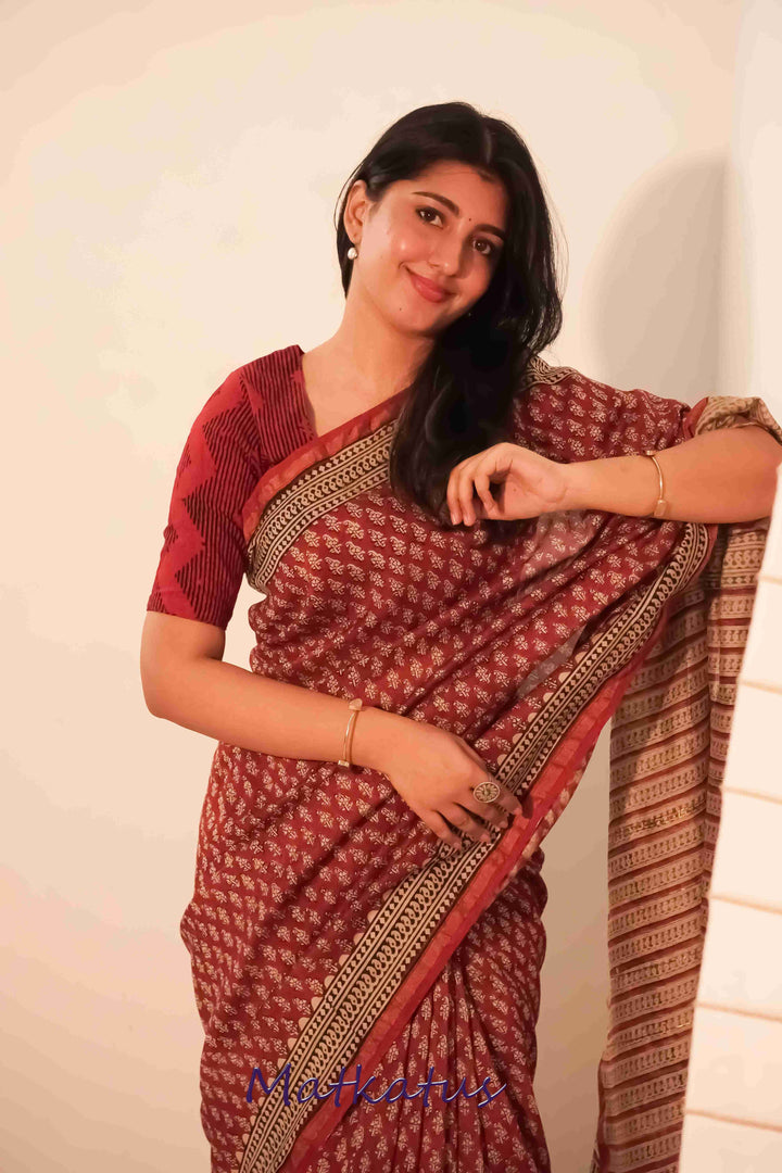 Maroon Block Printed Silk Cotton saree