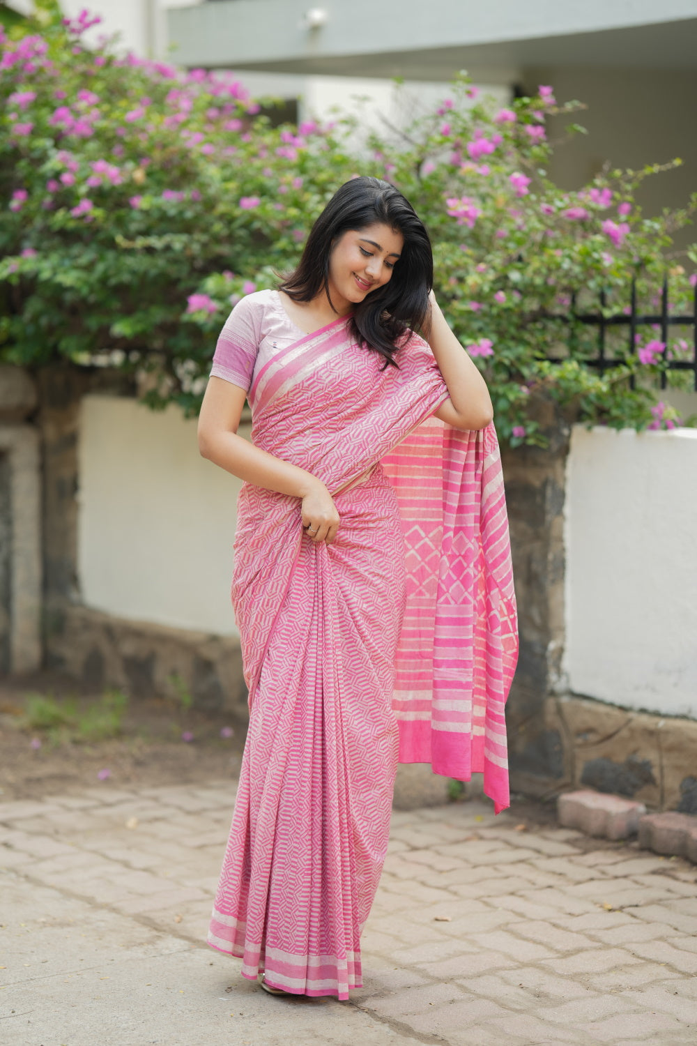 Lined Pink Block Printed Mul Cotton Saree