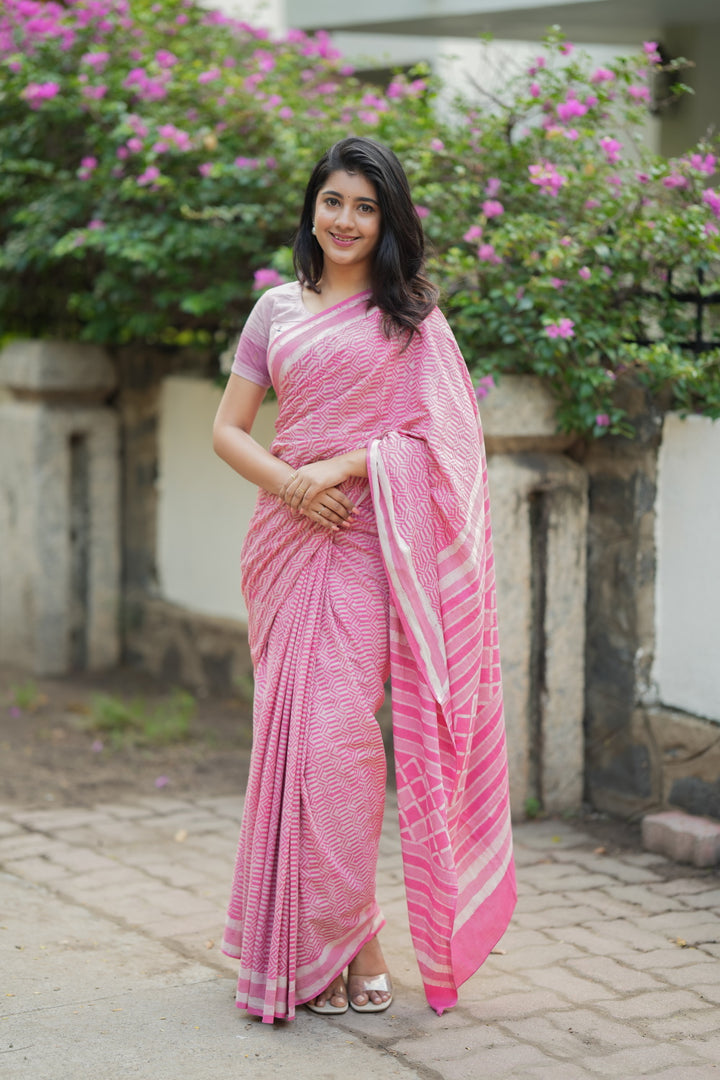 Lined Pink Block Printed Mul Cotton Saree