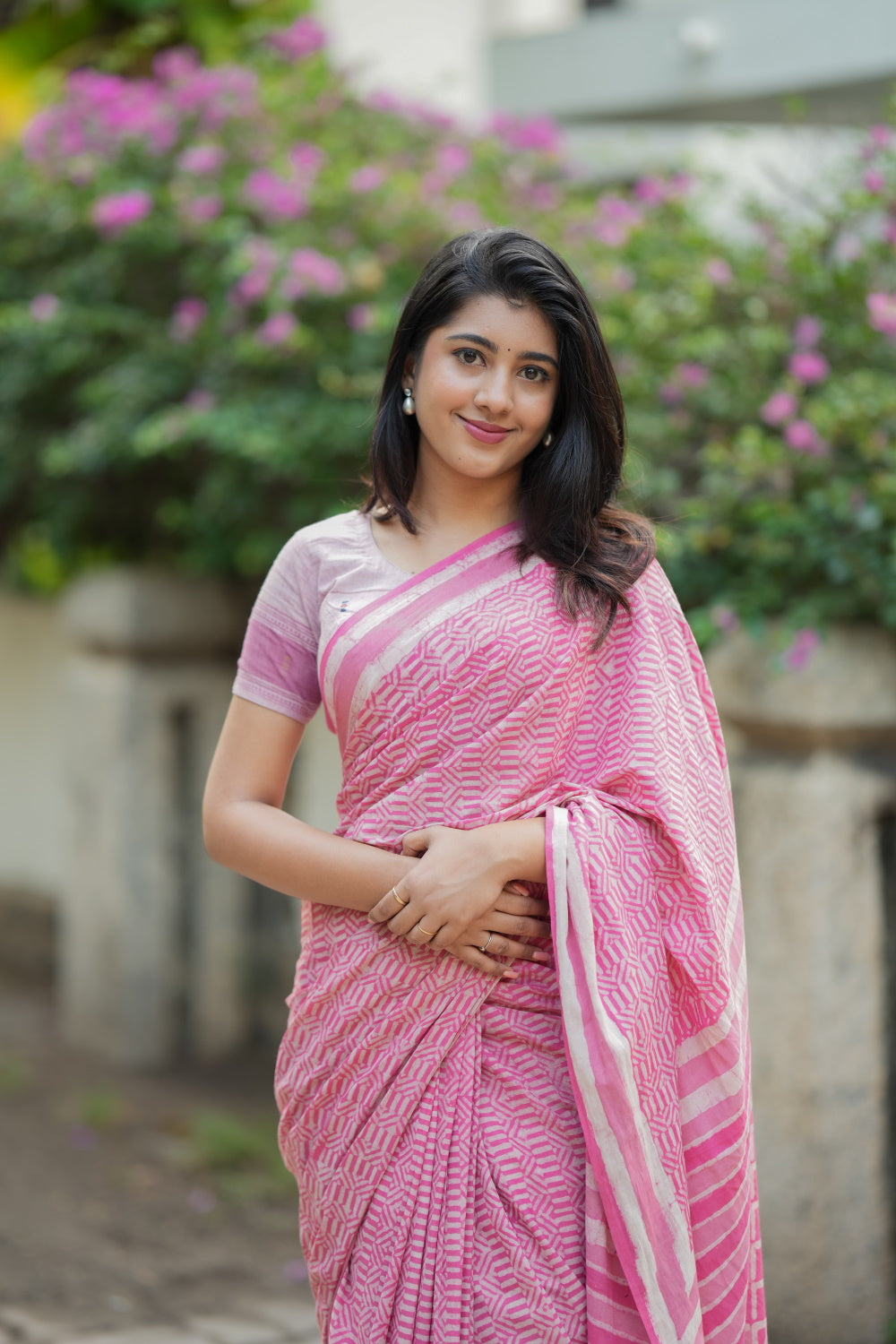 Lined Pink Block Printed Mul Cotton Saree