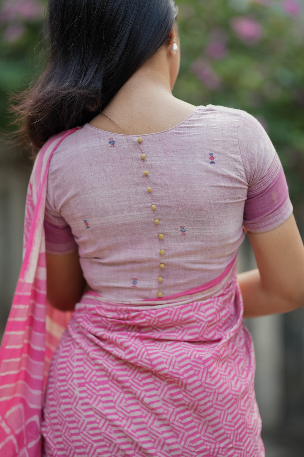 Lined Pink Block Printed Mul Cotton Saree