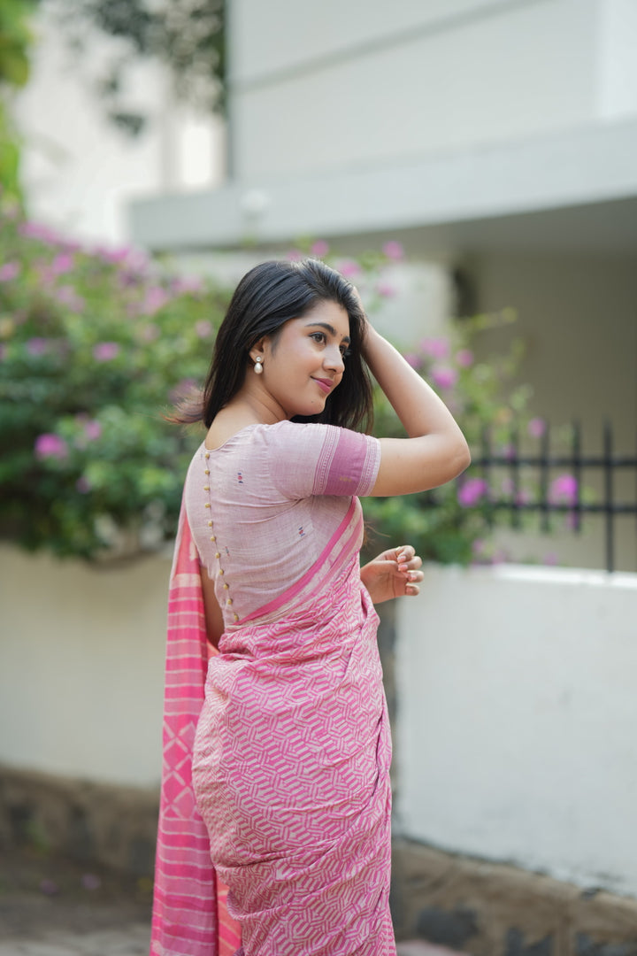 Lined Pink Block Printed Mul Cotton Saree