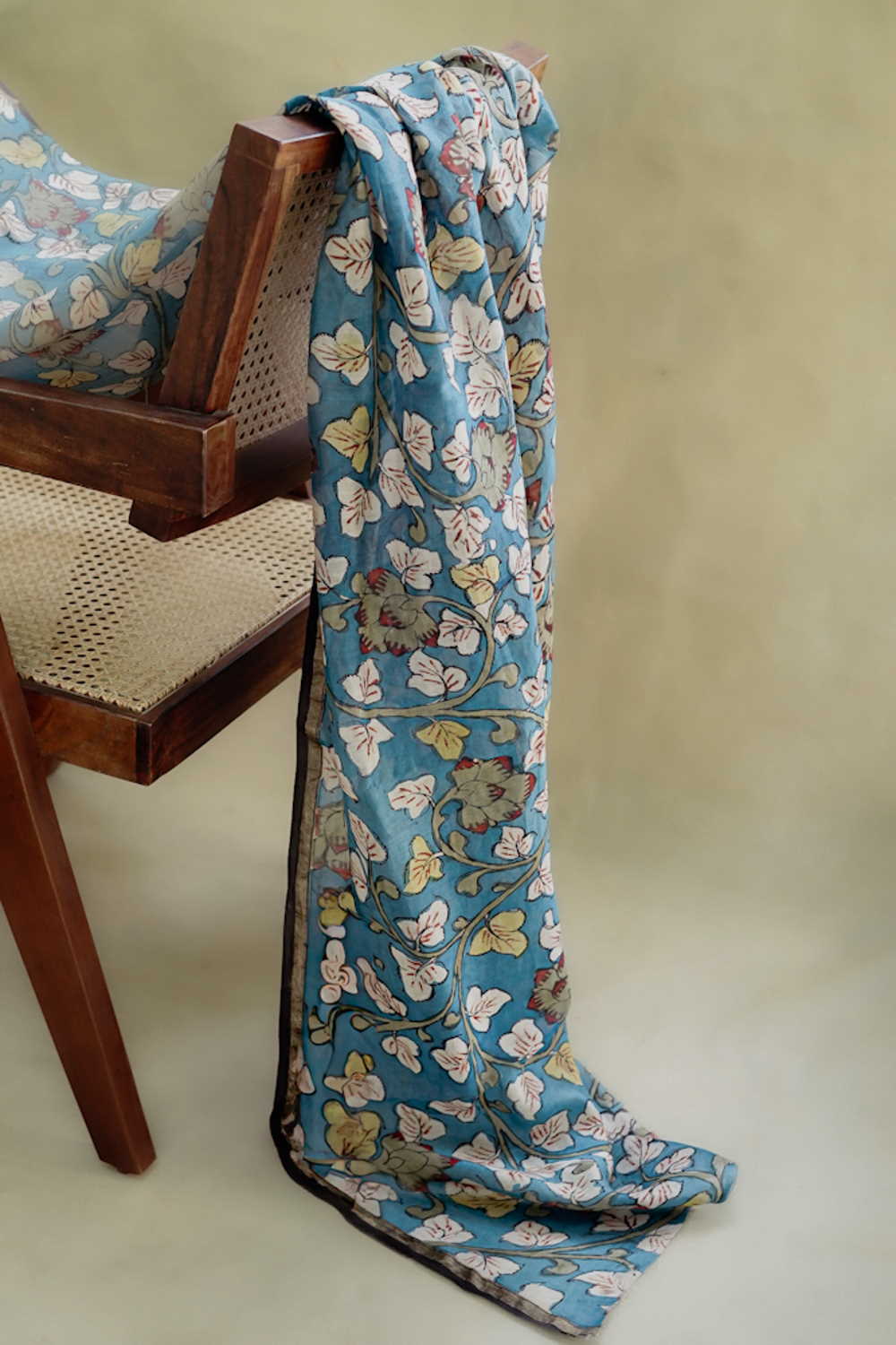 Florals on Blue Painted kalamkari Chanderi Fabric