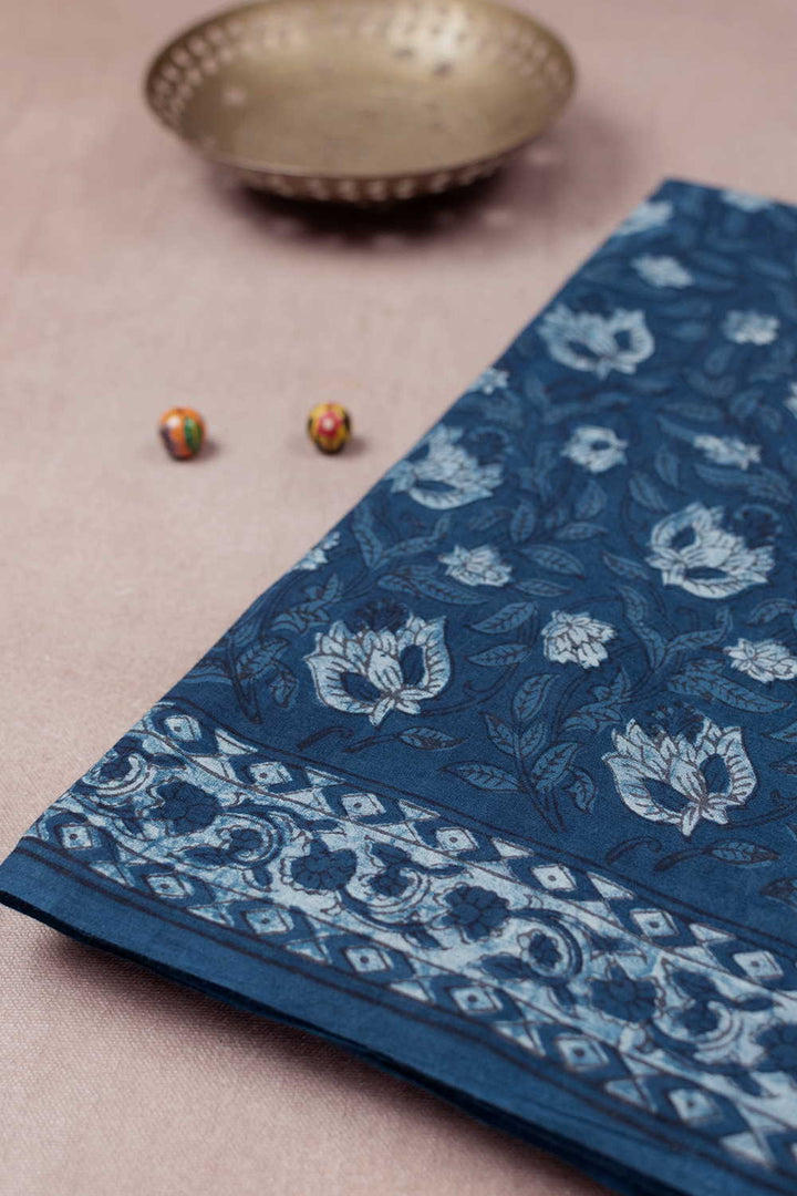 Indigo with Florets Block Printed Mul Cotton saree