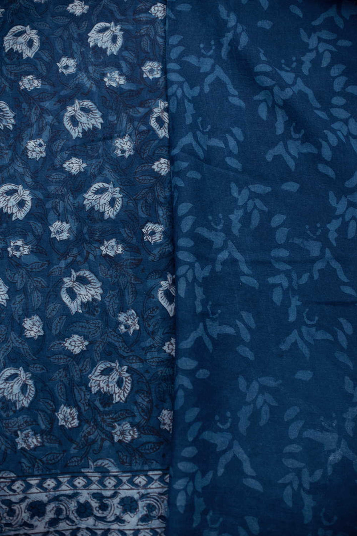 Indigo with Florets Block Printed Mul Cotton saree