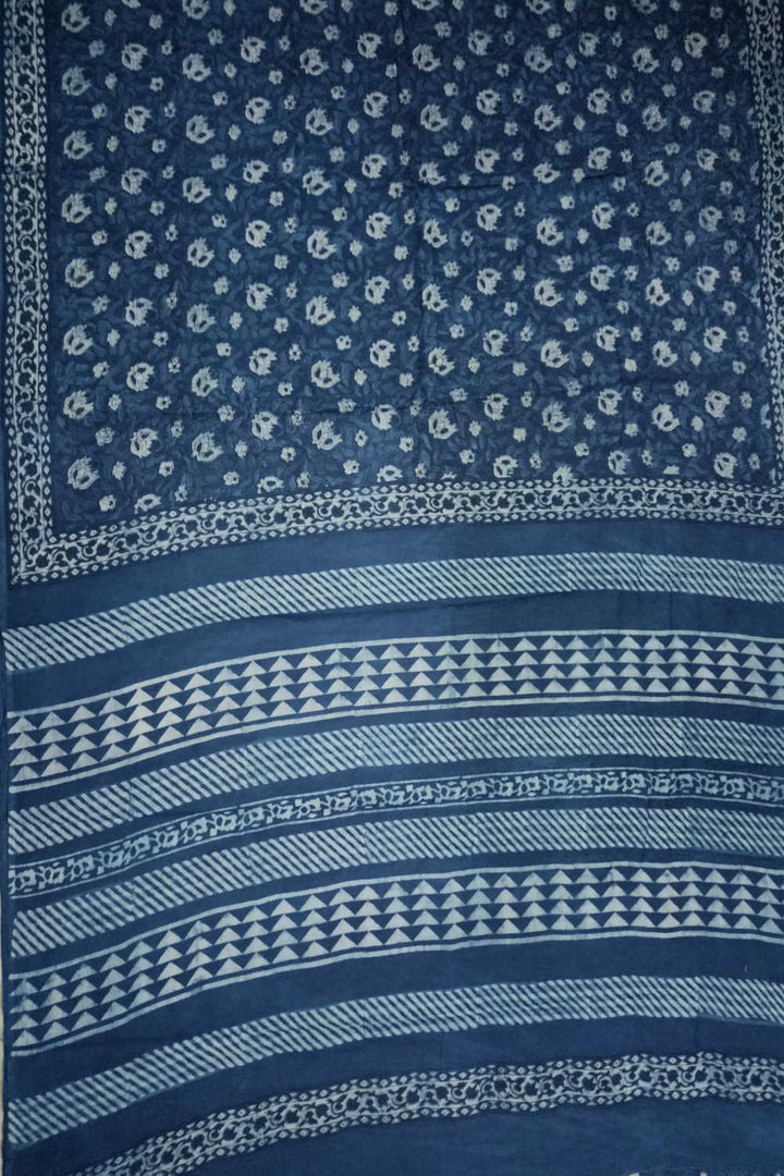 Indigo with Florets Block Printed Mul Cotton saree