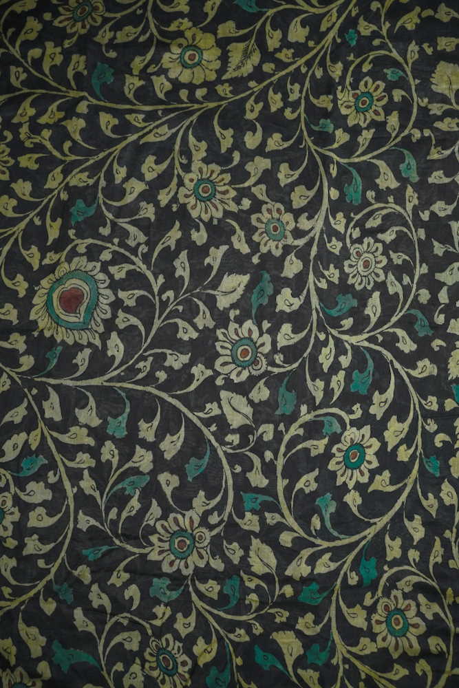 Yellow Florals on Black Painted kalamkari Chanderi Fabric