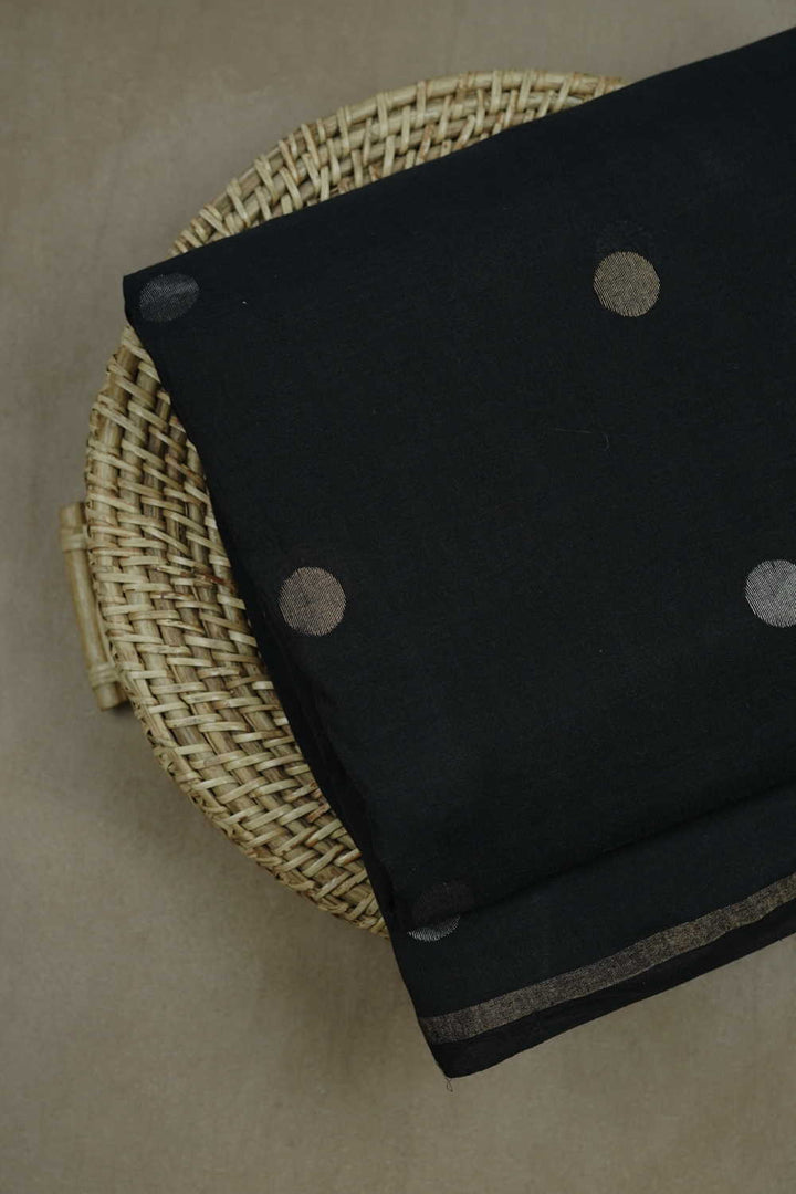 Gold & Silver Zari Buttas on Black Jamdani Cotton Fabric