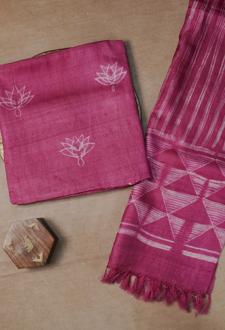 Dark Hot Pink Shibori Tussar Top & Dupatta