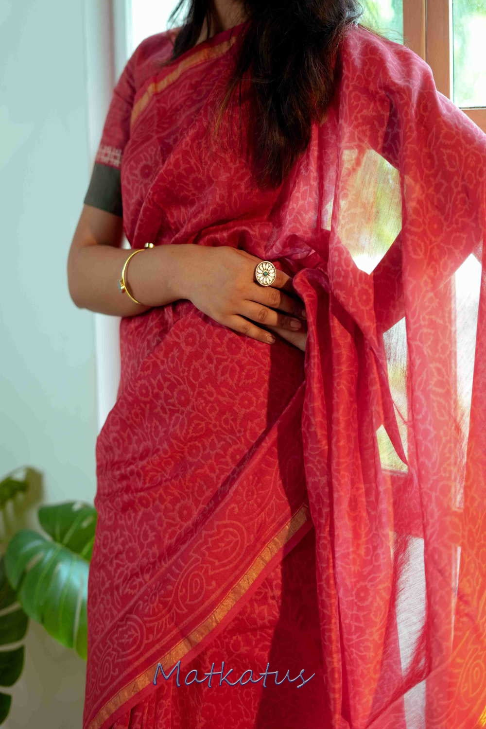 Light Red Block Printed Chanderi saree