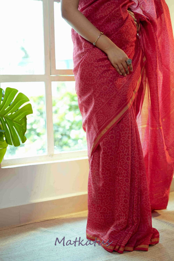 Light Red Block Printed Chanderi saree