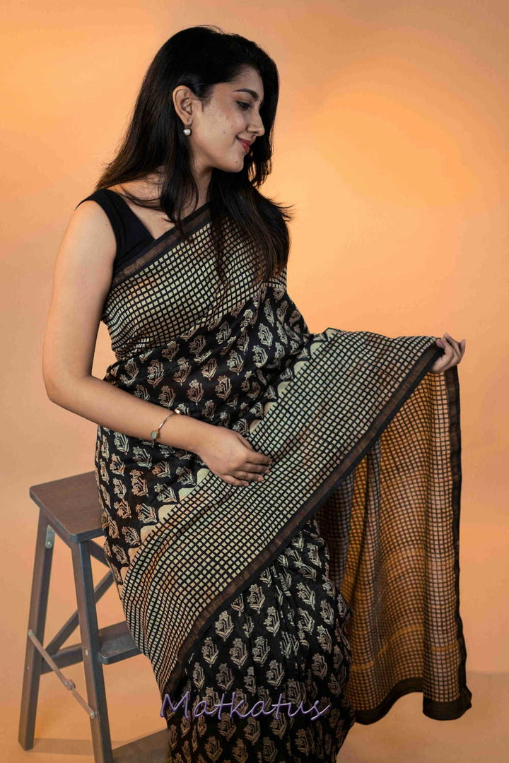 Florets on Black Block Printed Chanderi saree